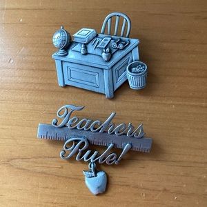 Two JJ pewter Teachers brooches
